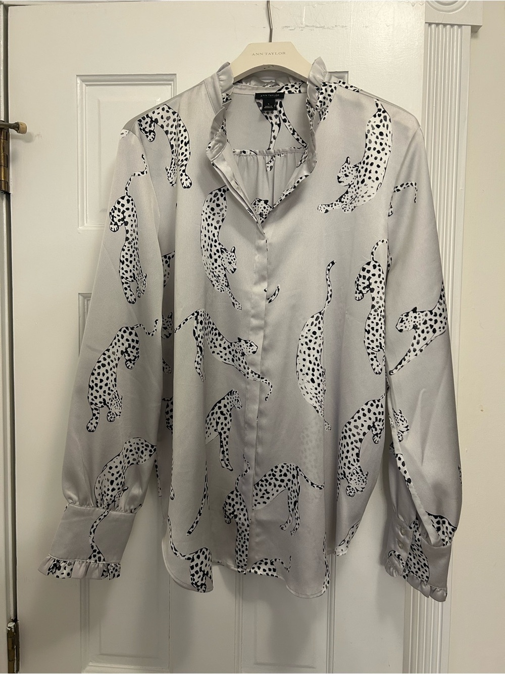 Ann Taylor Silver Leopard Print Button-Up Shirt